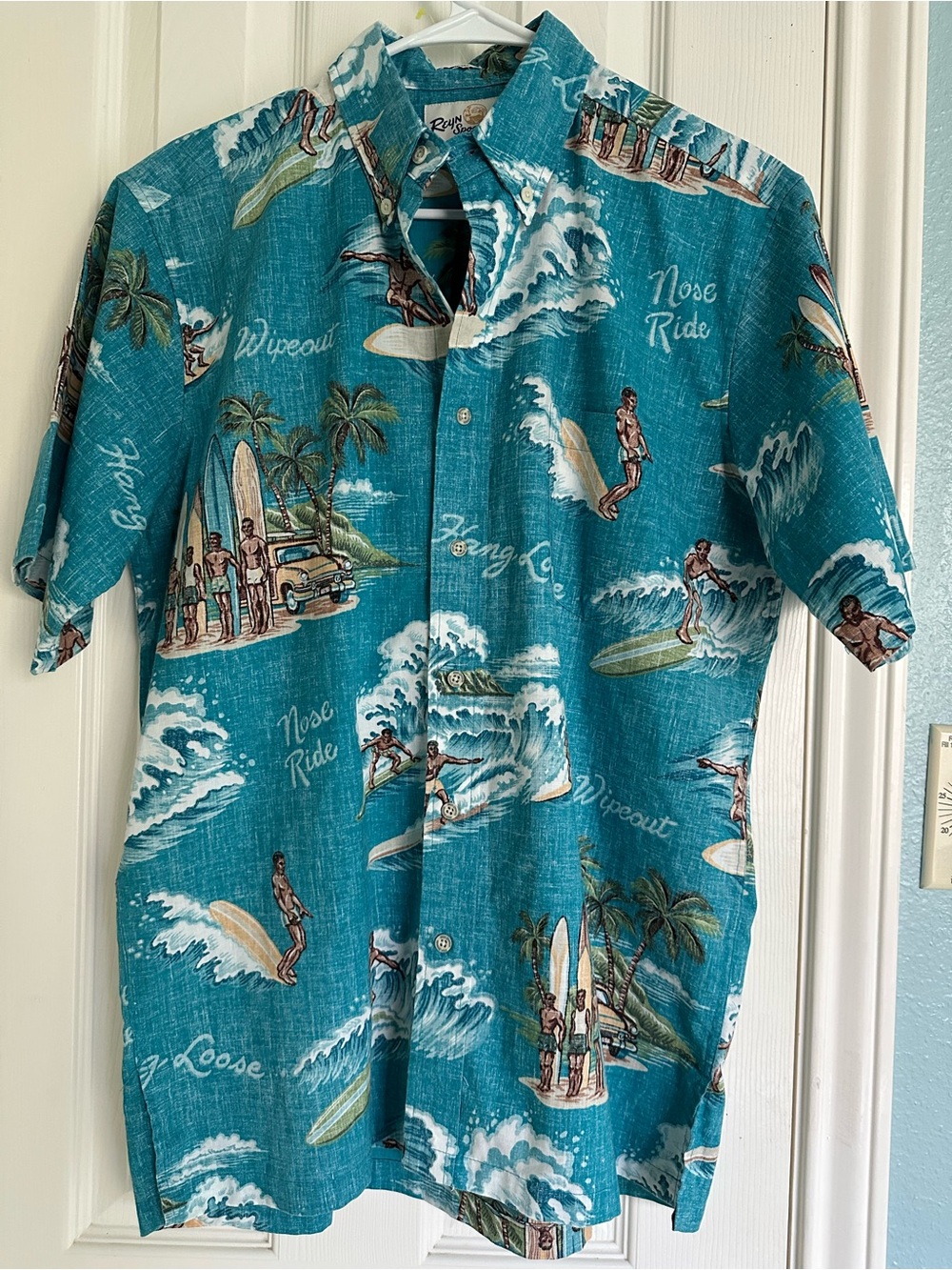 Reyn Spooner Shirt Mens S Blue Waveriders Surf Wipeout Hang Loose Limited Issue